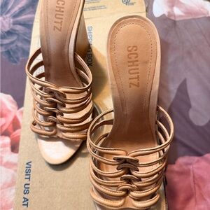 SCHUTZ Tan Strappy Leather Slide Mules